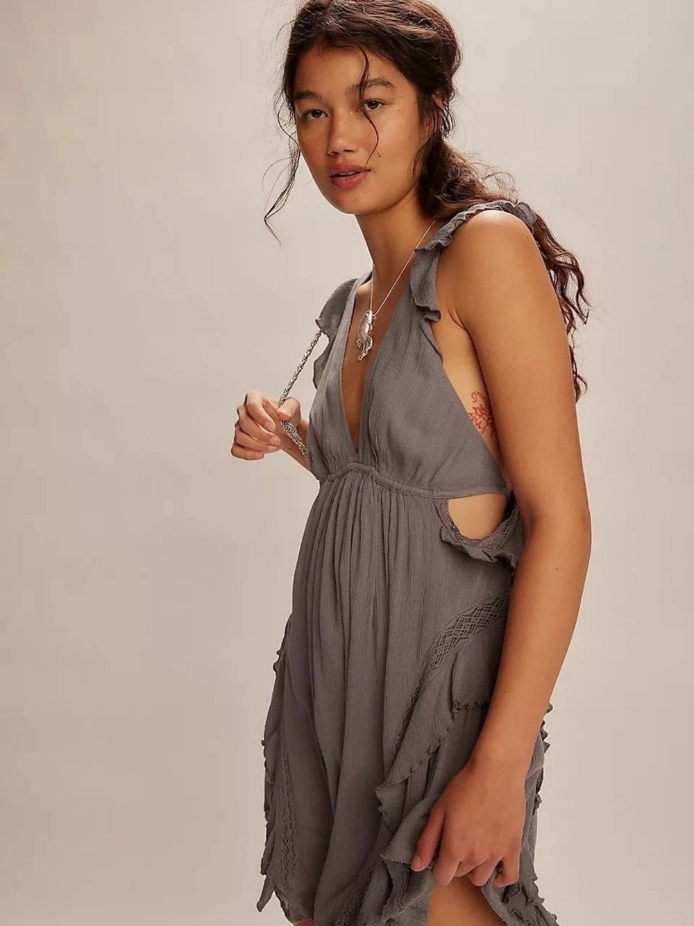 Free People Gray Ruffle Mini Dress - Picture 4 of 10